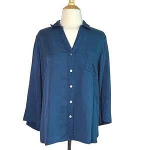 J. JILL Medium Dark Blue‎ Modal Button Up 3/4 Sleeve Top Office Career Business